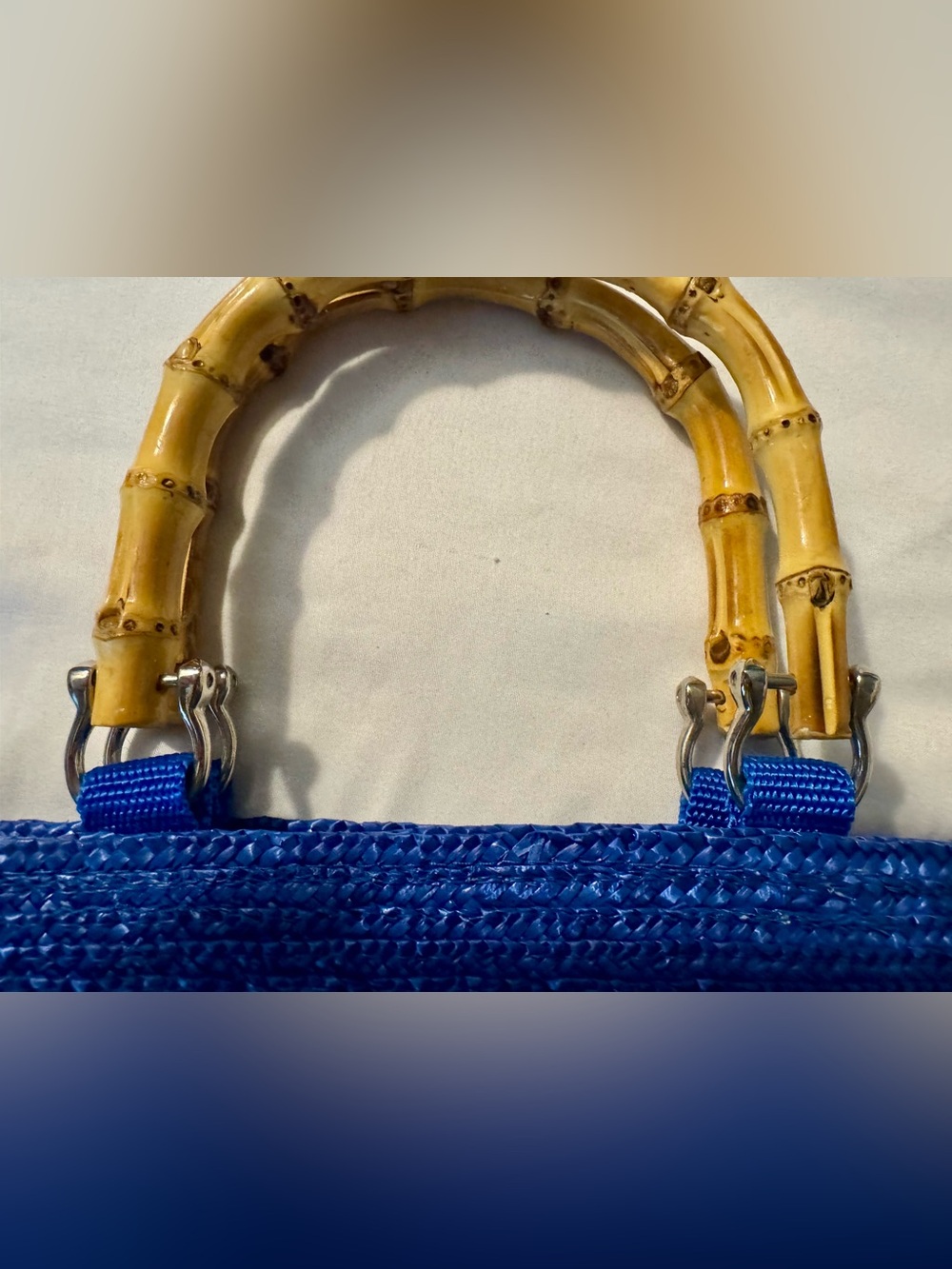 Vintage St. John’s Bay Blue Straw Bamboo-Handle Tote Bag - Picture 5 of 5